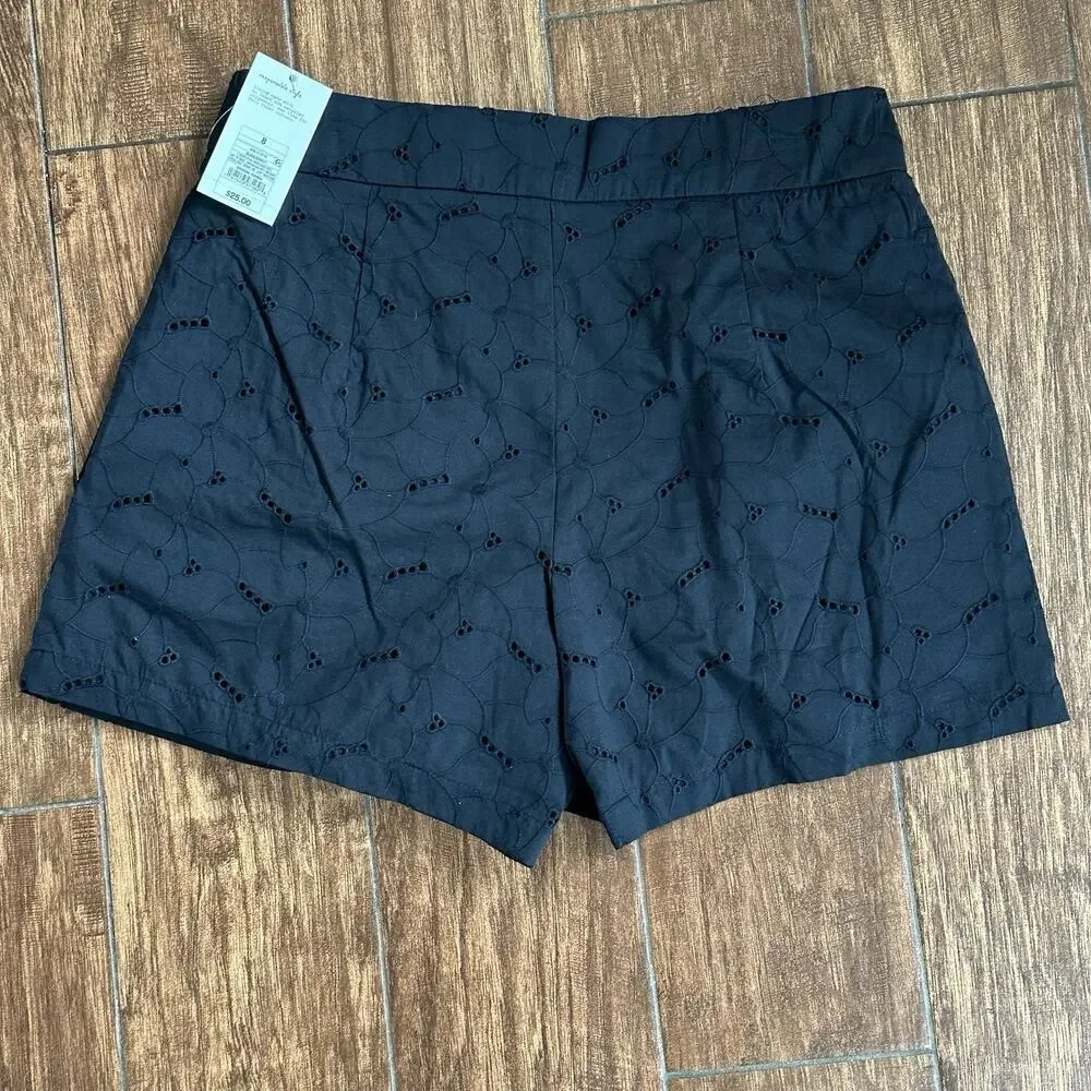 A New Day Women's High-Rise Pleated Eyelet‎ Cotton Short Black Size 8 Cottage